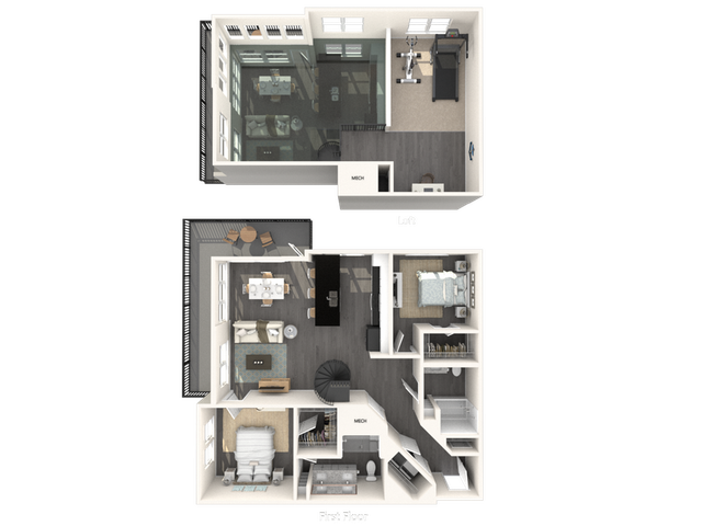 Modern floor plan featuring 2 bedrooms, an expansive living/dining area, and a kitchen with balcony access.
