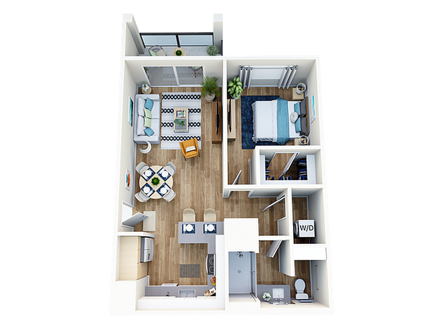 Chic 3D floor plan featuring a modern 1-bedroom apartment with an open living-dining area, contemporary kitchen, and spacious bathroom.