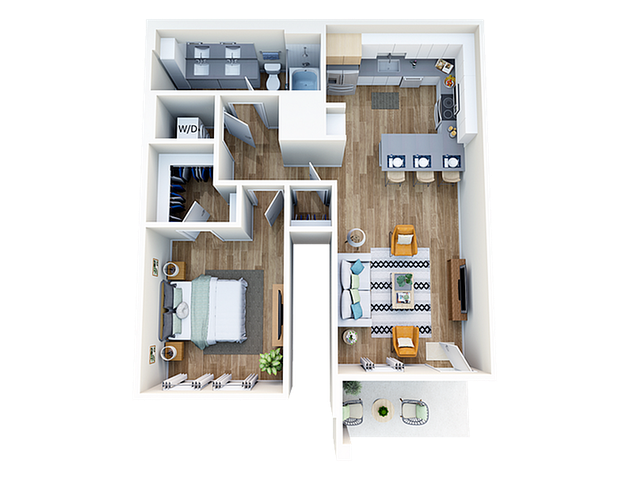 Bright and modern 1-bedroom apartment layout with open-concept kitchen and living area, chic bathroom, and cozy patio space.