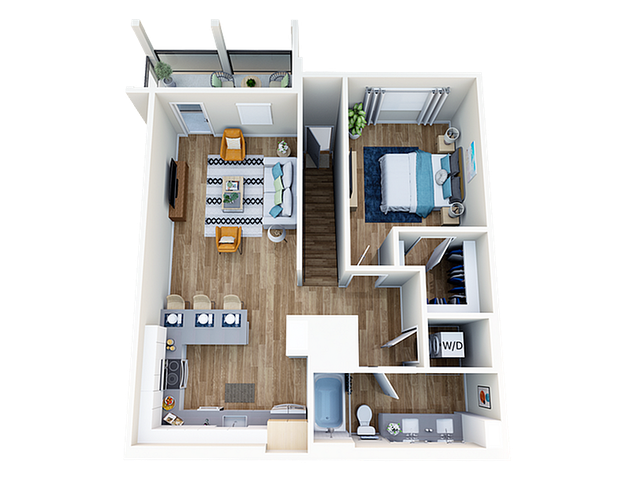 Charming 3D floor plan showcasing 1 bedroom, inviting living room, and modern kitchen with countertop seating.