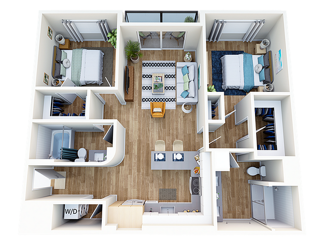 Modern apartment floor plan featuring two bedrooms, an open-concept living area, stylish kitchen with island seating, and cozy balcony access.