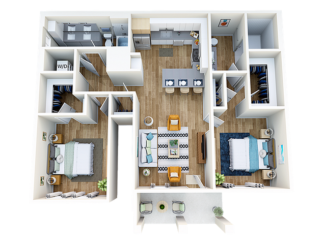 Inviting 3D apartment floor plan showcasing two bedrooms, modern kitchen with island seating, cozy living room, and stylish bathrooms.