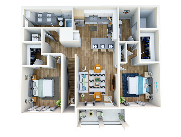 Modern 3D floor plan showcasing 2 cozy bedrooms, an inviting open-concept living area, and a sleek kitchen with adjacent dining space. Includes two well-appointed bathrooms, a convenient laundry area, and a charming balcony.