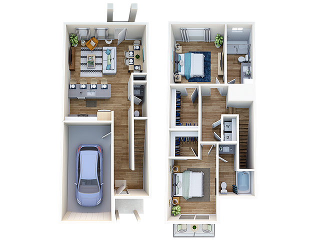 Modern two-story apartment floor plan featuring two bedrooms, open living area, stylish kitchen, and an attached garage.