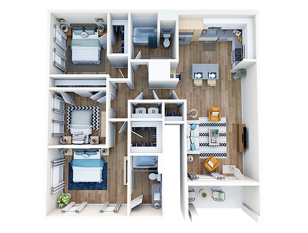 Modern 3D floor plan showcasing a spacious three-bedroom apartment with an open-concept living room, sleek kitchen with breakfast bar, and bathrooms, ideal for comfortable family living.