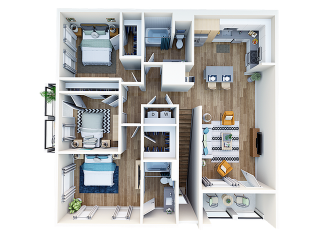 Modern 3D floor plan featuring three cozy bedrooms, a sleek open-concept kitchen, spacious living and dining area, and two elegant bathrooms.