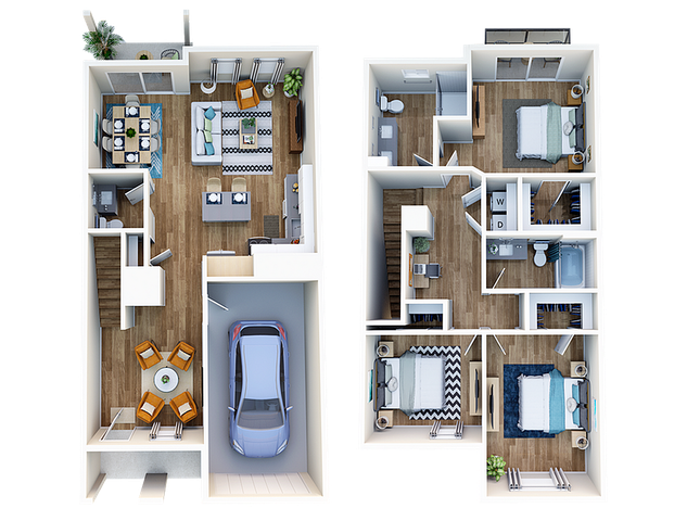 Chic and modern duplex floor plan featuring 3 bedrooms, stylish open-concept living area, sleek kitchen, outdoor patio, and garage space.