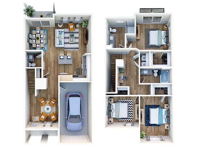 Modern two-story floor plan featuring a spacious garage, elegant open-concept living and dining areas, stylish kitchen, and three cozy bedrooms with ample natural light.