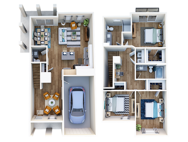 Modern 3D floor plan showcasing two bedrooms, spacious open-plan living and dining area, stylish kitchen, and attached garage.