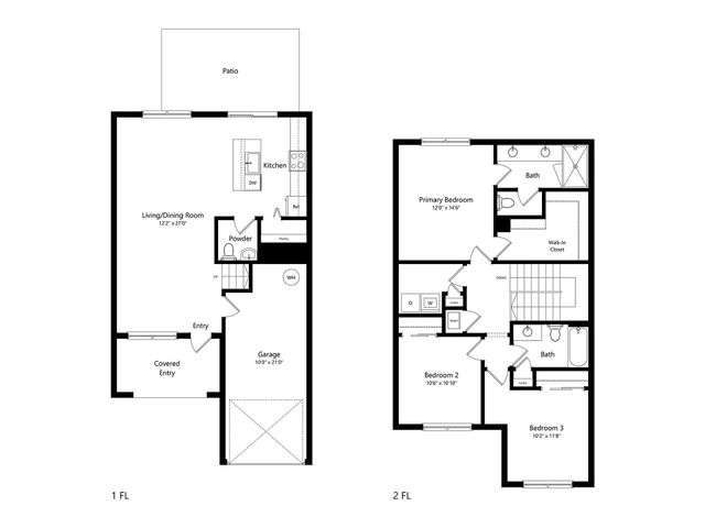 Inviting two-story floor plan showcasing 3 bedrooms, open-concept living/dining area, modern kitchen, and convenient garage with covered entry. Perfect blend of style and functionality.
