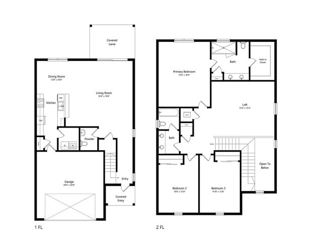 Elegant floor plan showcasing 3 bedrooms, a spacious loft, and open-concept living with a covered lanai and attached garage.