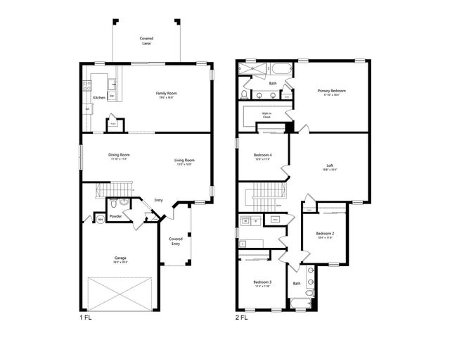Elegant two-story floor plan showcasing spacious family room, kitchen with covered lanai, and dining area on the first floor; four bedrooms including a luxurious primary suite, loft, and two baths on the second floor. Includes covered entry and garage.