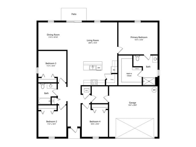 Elegant floor plan displaying 4 bedrooms, open-plan living and dining area, modern kitchen, and attached garage with patio access.