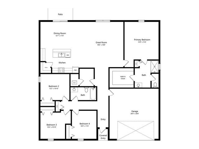 Elegant floor plan with 4 bedrooms, a spacious great room, modern kitchen, and dual bathrooms, featuring a generous garage and a cozy patio for outdoor enjoyment.