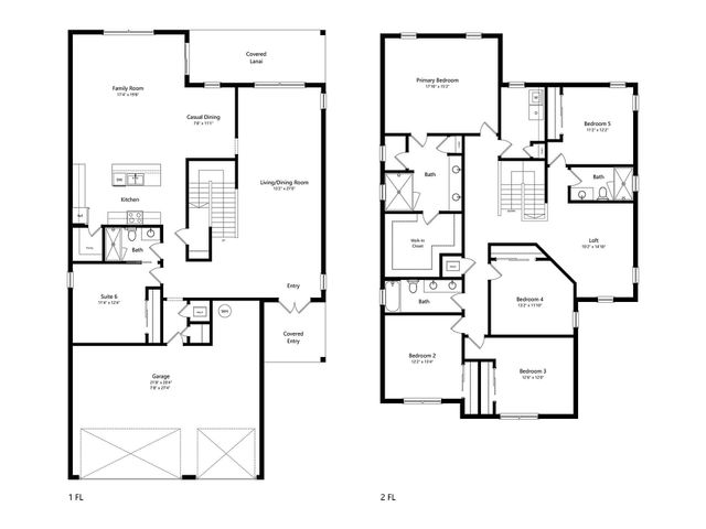 Elegant two-story floor plan featuring an open-concept living and dining room, a spacious kitchen with casual dining area, six bedrooms including a primary suite with walk-in closet, three baths, a cozy loft, and a generous family room opening to a covered lanai.