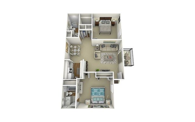 Modern 3D floor plan showcasing two spacious bedrooms, an inviting living room, fully-equipped kitchen, stylish dining area, and private balcony.