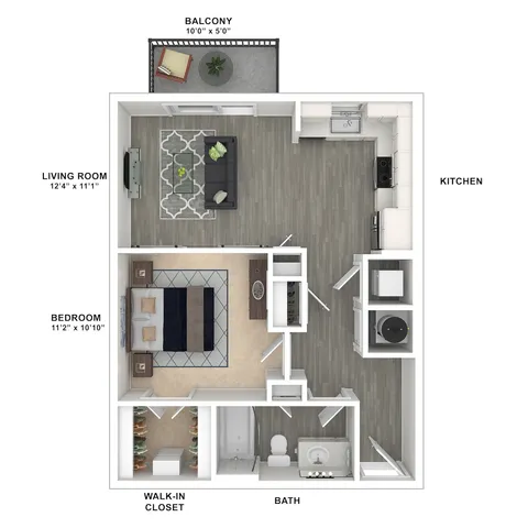 Modern 1 bedroom apartment floor plan featuring a spacious living room, stylish kitchen, walk-in closet, and a cozy balcony.