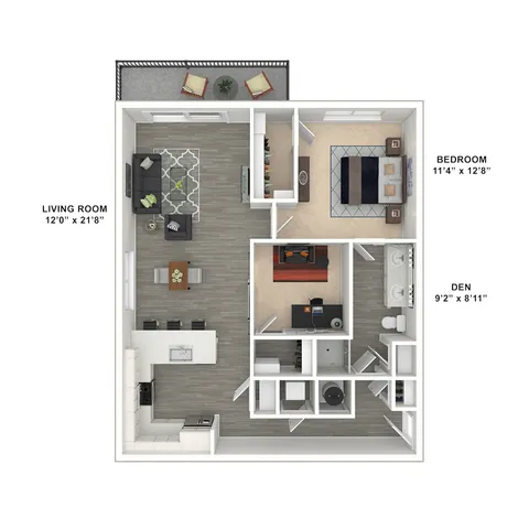 Modern floor plan showcasing a spacious living room, cozy bedroom, versatile den, and stylish kitchen with bar seating.