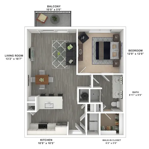 Modern floor plan featuring a spacious living room, cozy bedroom, open kitchen with island, and private balcony.