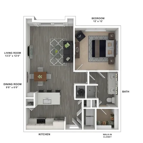 Contemporary floor plan showcasing an elegant one-bedroom apartment with an open kitchen, spacious living room, and modern bath. Includes dining space and generous walk-in closet.
