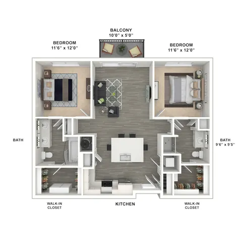 Modern floor plan showcasing 2 spacious bedrooms with walk-in closets, a stylish kitchen, cozy living area, and a charming balcony.