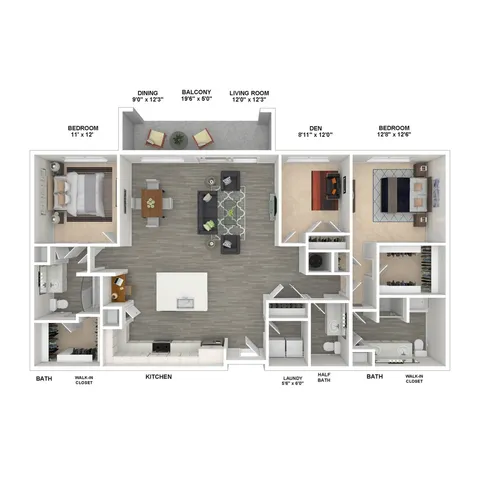 Modern 3D floor plan showcasing 2 bedrooms, a spacious living room, and open dining area with balcony access. Includes a versatile den, full kitchen, two bathrooms, walk-in closets, and efficient laundry space.