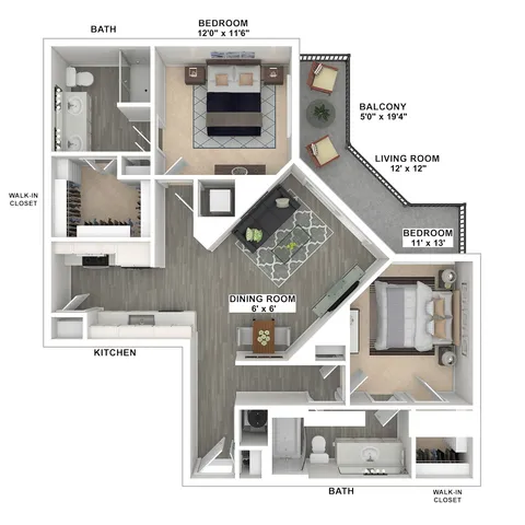 Chic L-shaped floor plan featuring 2 bedrooms, 2 bathrooms, a modern kitchen, and a spacious living room with balcony access.