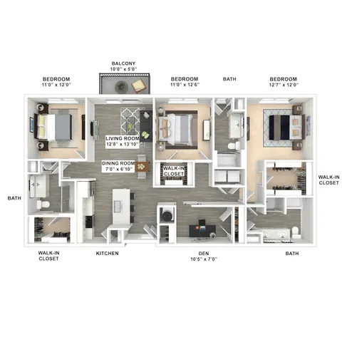 Contemporary 3-bedroom apartment floor plan featuring spacious living and dining areas, modern kitchen, den, balcony, and multiple walk-in closets.