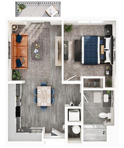 Modern floor plan featuring a cozy bedroom, elegant living area, chic kitchen, and stylish dining space with balcony access.