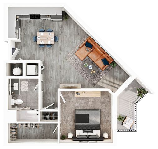 Chic 2D floor plan showcasing a modern open-concept living area, a cozy bedroom, sleek kitchen, and stylish bathroom with detailed fixtures.