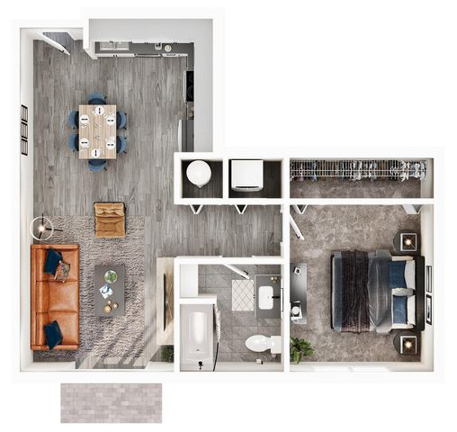 Chic floor plan showcasing a modern one-bedroom apartment with a spacious living area, sleek kitchen, and elegant bathroom.