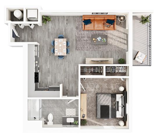 Chic floor plan showcasing an open-concept living area, modern kitchen, dining space, cozy bedroom, and a sleek bathroom with balcony access.