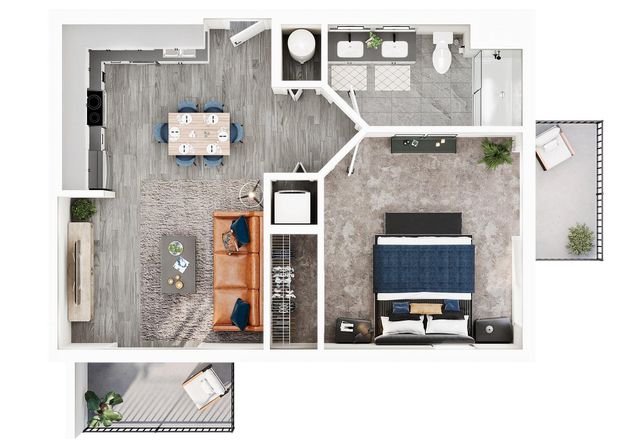 Elegant 1-bedroom apartment floor plan featuring a spacious living area, modern kitchen, and stylish bathroom. Includes access to a private balcony for outdoor relaxation.