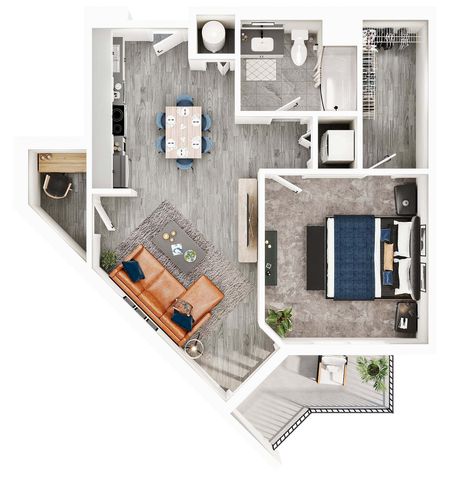 Elegant floor plan showcasing a modern one-bedroom apartment with an open living area, stylish kitchen, and cozy lounge space.