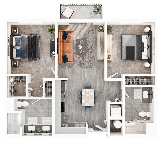 Modern 2D floor plan featuring 2 elegant bedrooms, spacious open living area, and a stylish kitchen with dining space. Includes 2 luxurious bathrooms and a cozy balcony, perfect for relaxation.