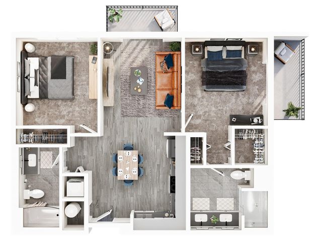 Modern 2-bedroom apartment floor plan with open living area, stylish kitchen, and inviting balcony.