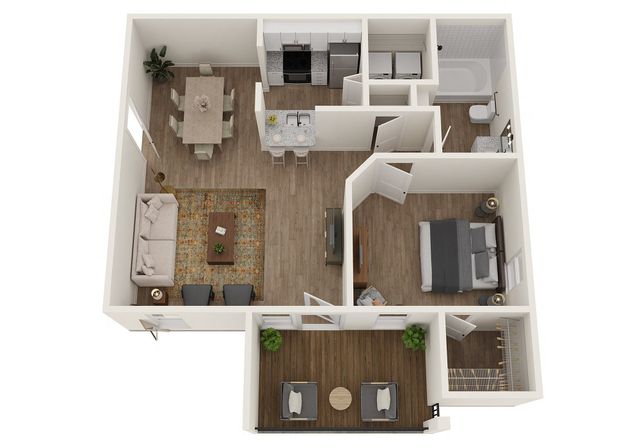 One-bedroom modern apartment floor plan with open living area, kitchen, and balcony.