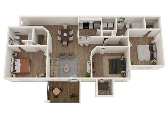 Contemporary apartment floor plan showcasing three bedrooms, open kitchen with island, spacious living and dining area, and balcony.