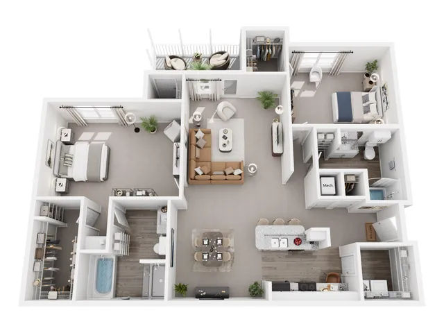 Elegant 3D floor plan showcasing 3 spacious bedrooms, a modern kitchen with a breakfast bar, a cozy living room, and two stylish bathrooms.