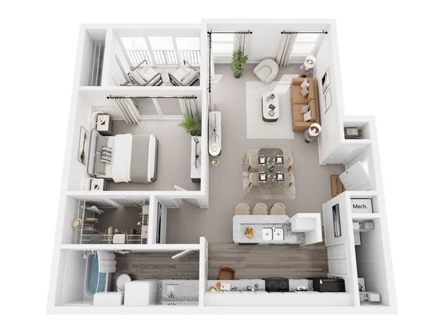 Inviting 3D floor plan showcasing a contemporary one-bedroom apartment, featuring an open-concept living area and modern kitchen.