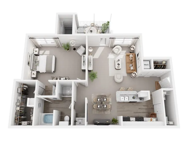Modern and inviting floor plan showcasing a spacious one-bedroom apartment with a cozy living area, sleek kitchen, stylish bathroom, and private balcony space.