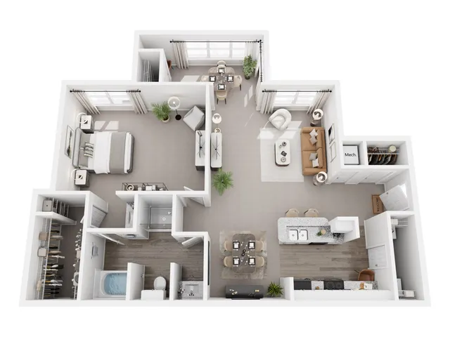 Bright and modern 2D apartment layout with spacious bedroom, cozy living room, sleek kitchen with island, dining area, and elegant bathroom.