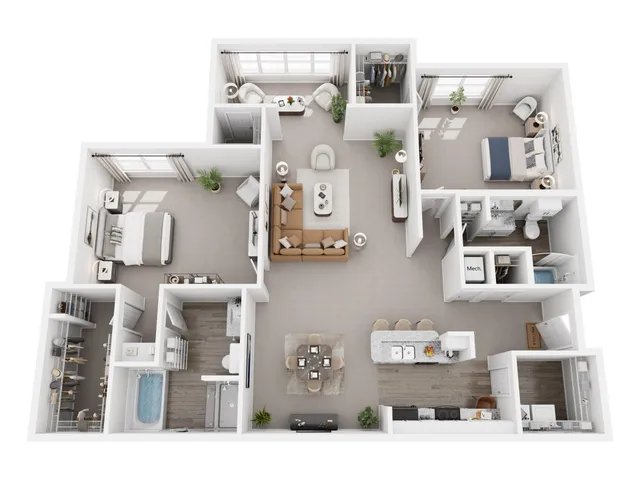 Contemporary 3D floor plan showcasing 2 bedrooms, a stylish open kitchen with bar seating, and a cozy living area.