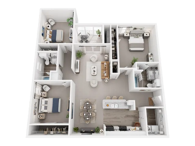 Modern floor plan showcasing 3 bedrooms, a cozy living room, and a sleek open kitchen with a breakfast bar.