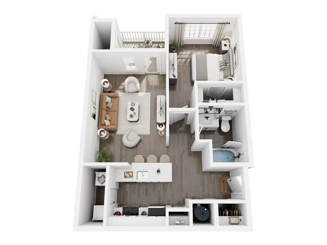 Modern 3D floor plan of a cozy apartment with 1 bedroom, open-concept living area, sleek kitchen, and chic bathroom, featuring hardwood floors and natural light.