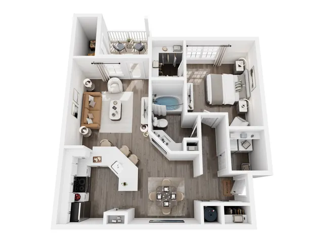 Modern and inviting 3D floor plan featuring a bright one-bedroom apartment with an open-concept living area, stylish kitchen, and cozy balcony space.