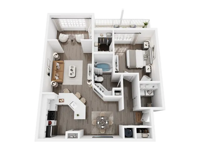 Chic apartment floor plan showcasing 1 bedroom, cozy living area, and modern kitchen with breakfast bar, inviting open design.