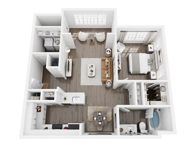 Elegant 3D floor plan showcasing a modern 1-bedroom apartment with an open-concept living area, stylish kitchen, and a luxurious bathroom.