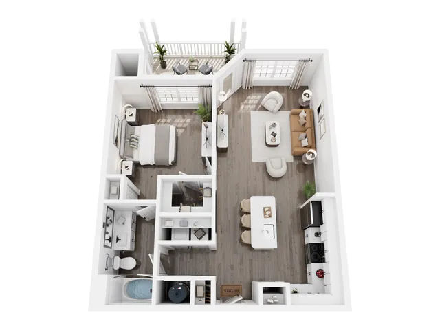 Chic 3D floor plan showcasing a modern 1-bedroom apartment with an open-concept living and dining area, cozy bedroom, stylish kitchen, and inviting balcony.