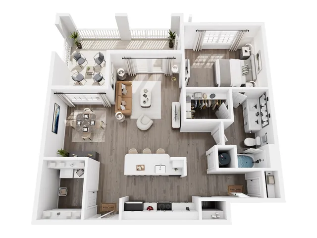 Chic open-concept floor plan featuring a bedroom, spacious living area, stylish kitchen, and elegant outdoor balcony seating.